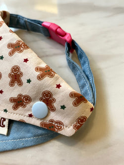 denim bandana with gingerbread man pattern